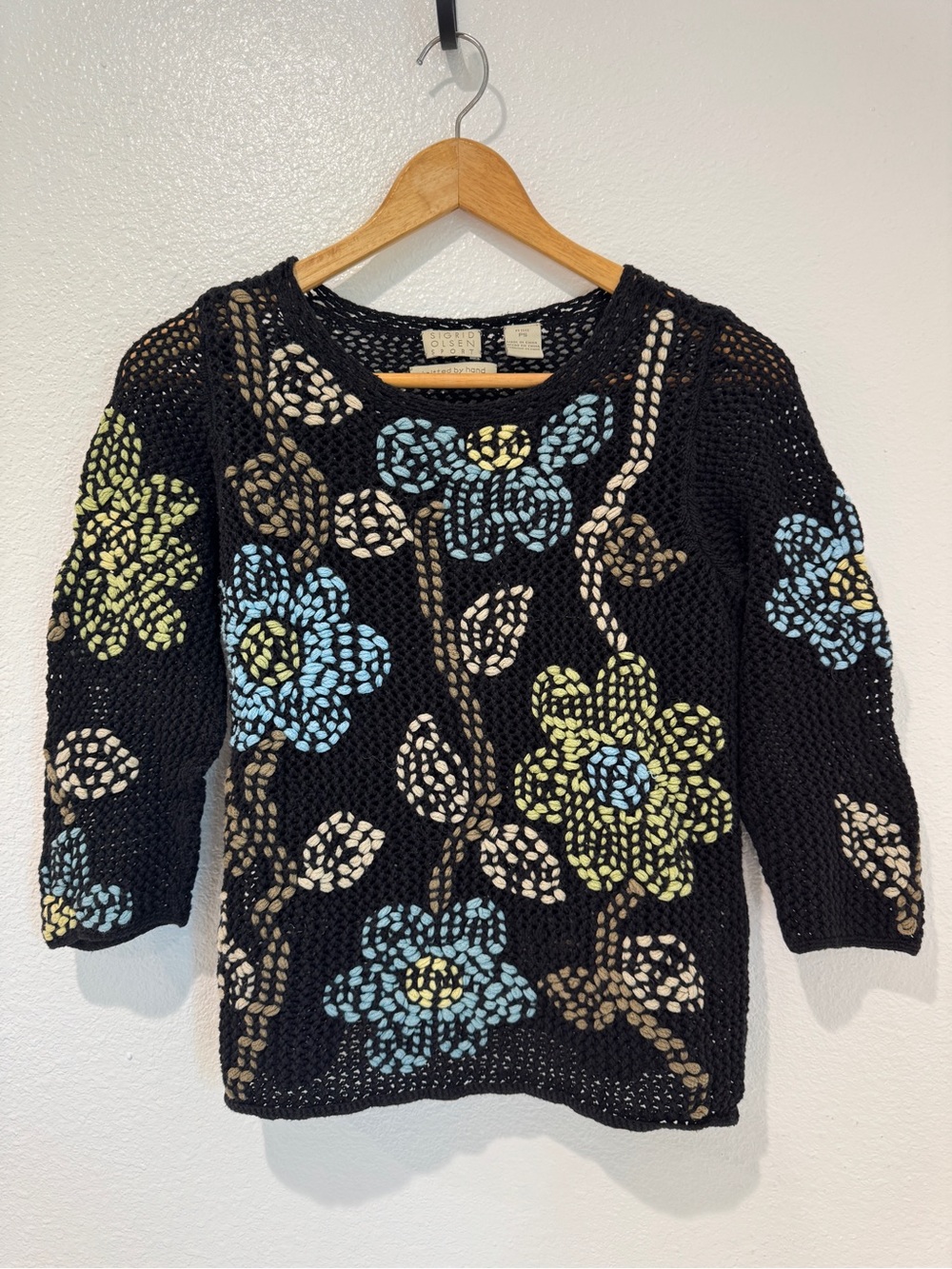 Vintage Y2K Sigrid Olsen Cottagecore Chunky Floral Open Knit Black Sweater PS
